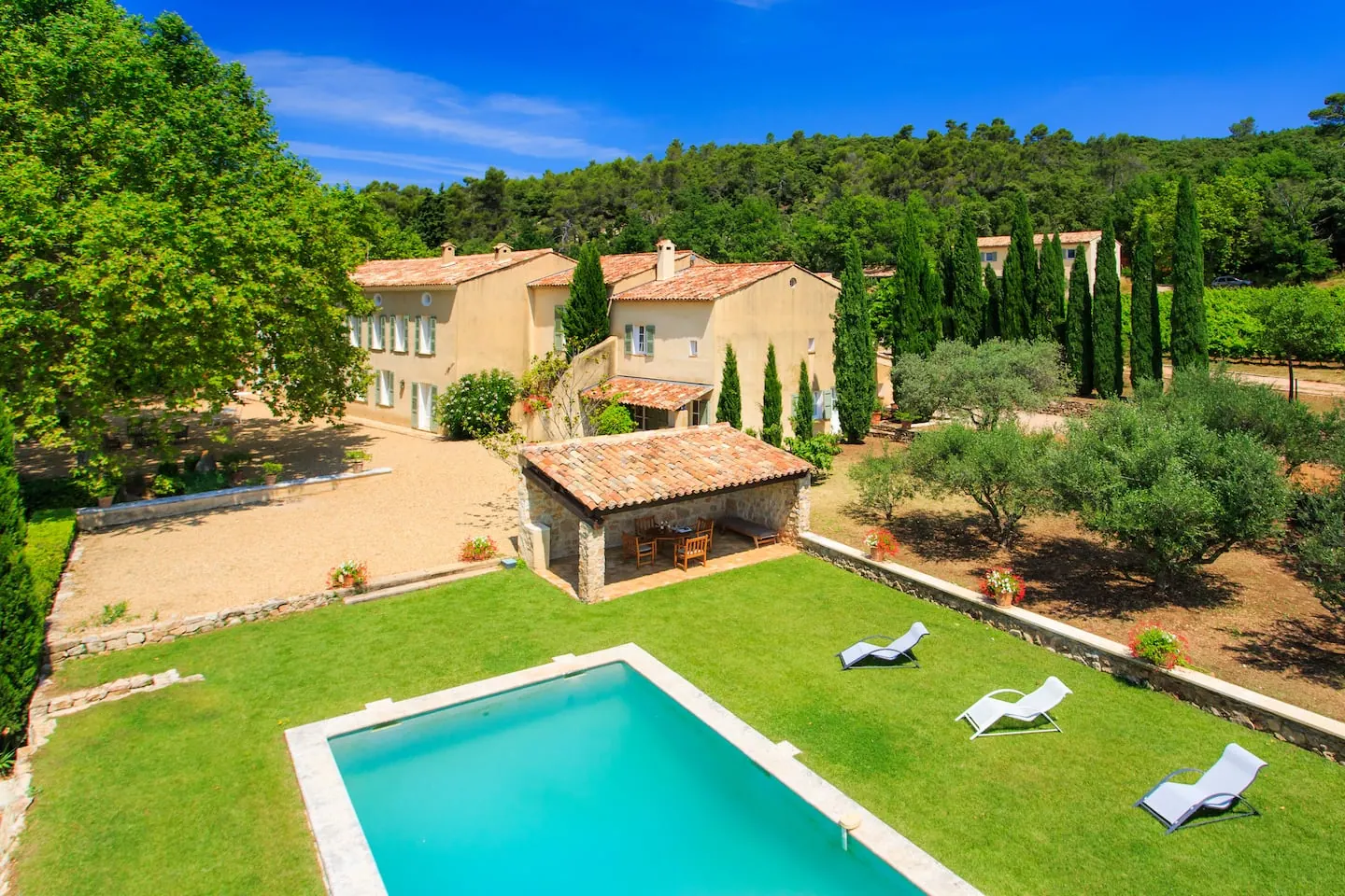 La Calisse farmhouse and its pool from above
